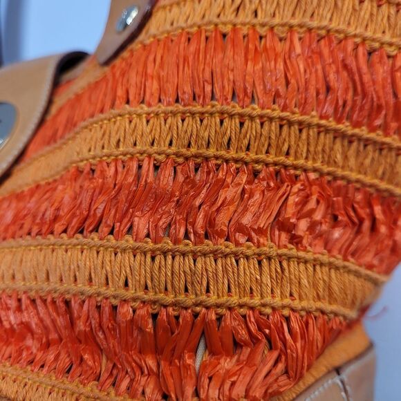 KATE SPADE orange sherbet leather trim raffia wood bottom shoulder bag purse - Picture 5 of 15